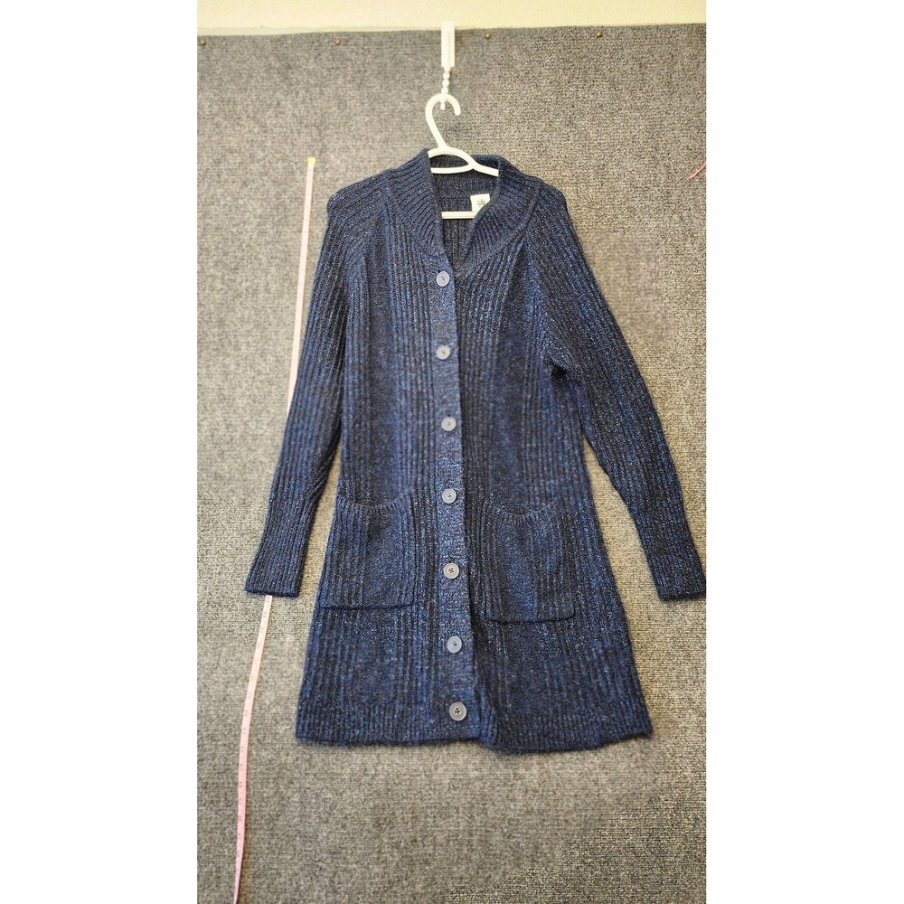 Cabi Cardigan Sweater Womens M Blue V Neck Chunky-Knit Button Pockets Longline